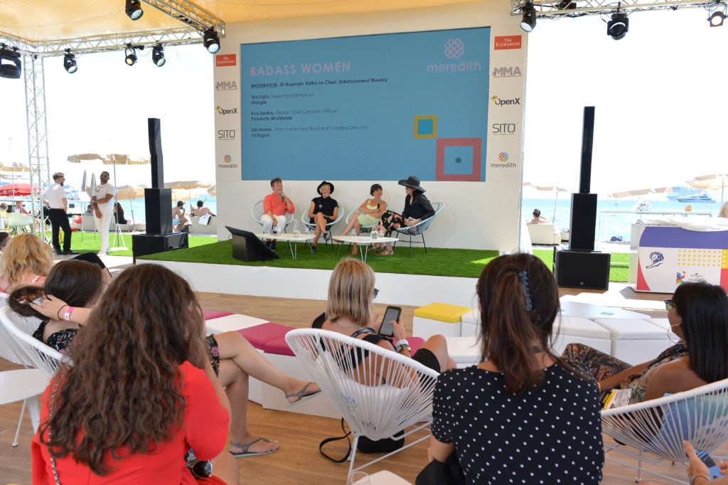 JD Heyman, Lizi Hamer, Eva Santos and moderator Tea Uglow in a panel discussion at Cannes Lions 2019 that should look eerily familiar to any regular art-fair attendee. (Photo by Christian Alminana/Getty Images For Cannes Lions)