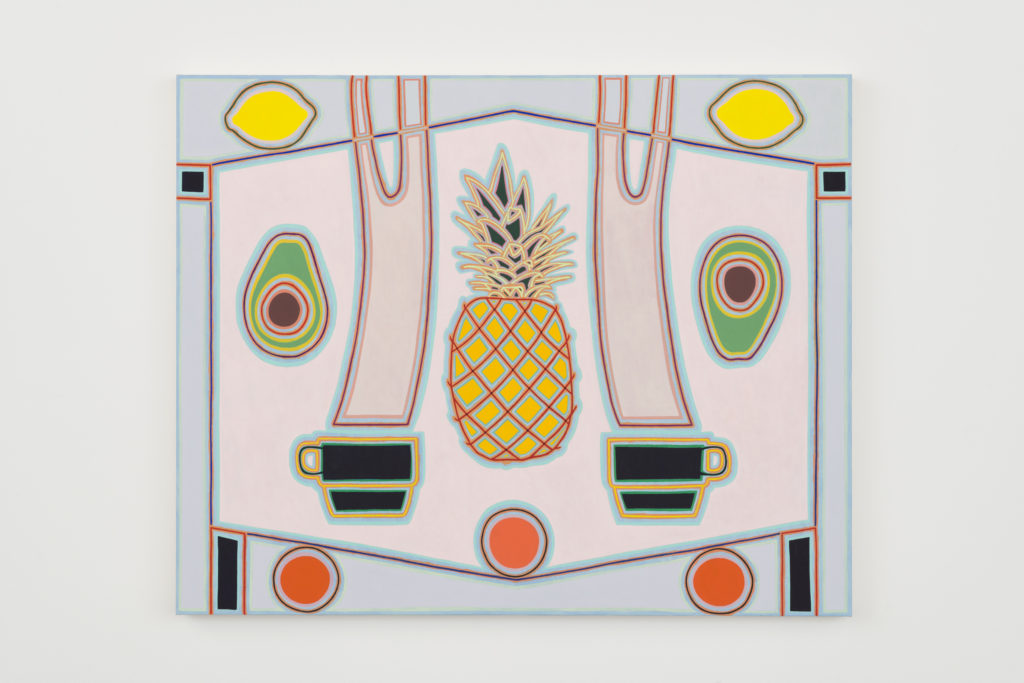 Holly Coulis, "Pineapple and Coffees", 2019 Oil on linen 40 x 50 inches Courtesy Line: “Courtesy of the artist and Philip Martin Gallery, Los Angeles. Photo Credit: Jeff McLane