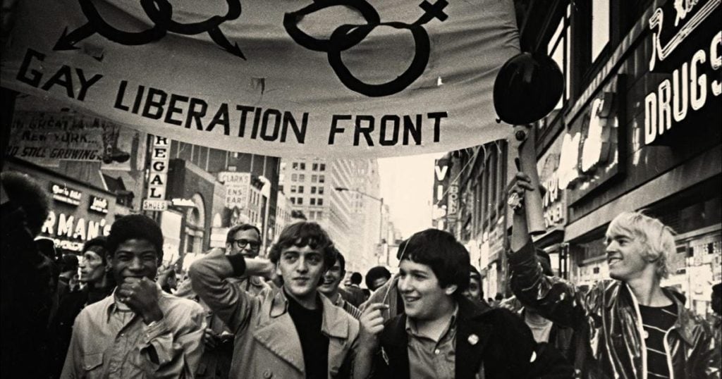 Gay Liberation Front marches on Times Square, New York City, 1969. Photo by Diana Davies. Manuscripts and Archives Division. 