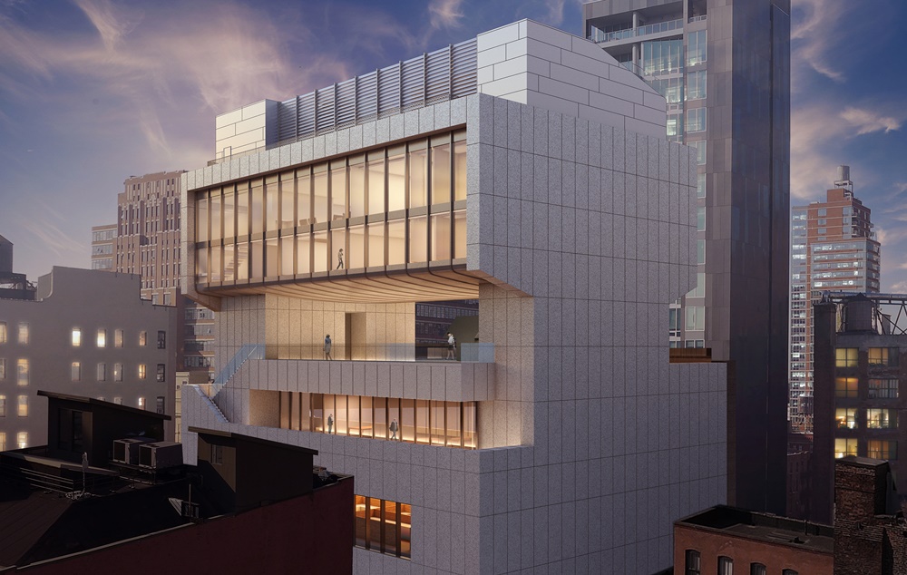 Architectural rendering of the south east façade of 540 West 25th Street, New York. Image courtesy of Bonetti /Kozerski Architecture