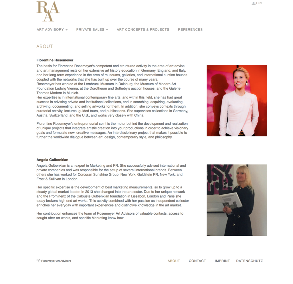 Angela Gulbenkian's former business partner, Florentine Rosemeyer subsequently hired Gulbenkian at her new Munich venture, Rosemeyer Art Advisors. This screenshot of the company website was taken on May 31, 2018. 