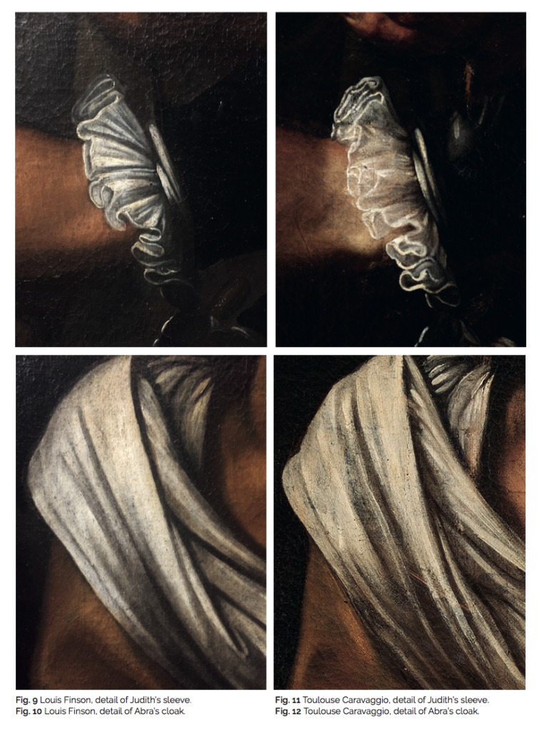 Details from two versions of <em>Judith Beheading Holoferne</em>, one a copy of Caravaggio by Louis Finson, the other the newly discovered painting, thought to be a second Caravaggio original. Photo courtesy of Mark Labarbe Auctioneers/.