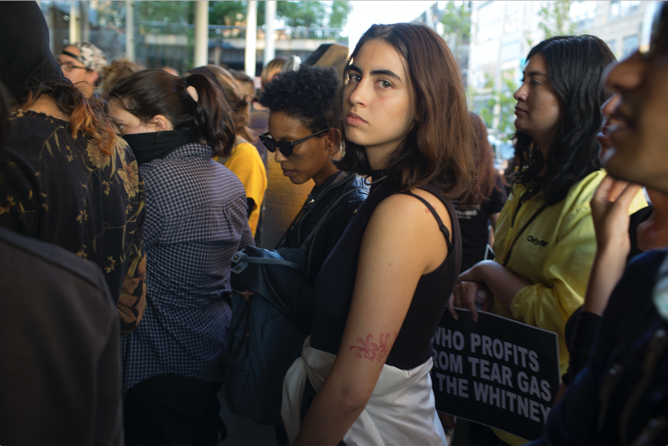 Political activists gather for the ninth week in a row outside of the Whitney Museum to demand that the museum's board dismiss Warren Kanders, a wealthy businessman who has made a fortune selling tear gear to the NYPD and the Israeli army, on May 17, 2019 in New York City. (Photo by Andrew Lichtenstein/Corbis via Getty Images)