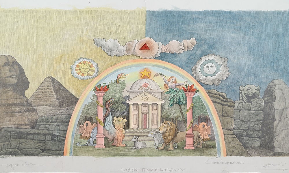 Maurice Sendak, design for Temple of the Sun, finale II for the opera <em>The Magic Flute</em> (1979–80). © The Maurice Sendak Foundation. Photo by Janny Chiu, courtesy of the Morgan Library & Museum, bequest of Maurice Sendak, 2013. 