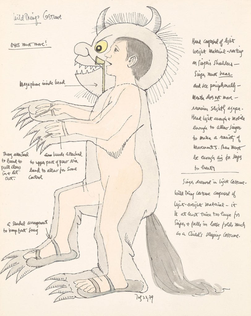 Maurice Sendak, study for Wild Things costume, with notes, for the opera <em>Where the Wild Things Are</em> (1979). © The Maurice Sendak Foundation. Photo by Janny Chiu, courtesy of the Morgan Library & Museum, bequest of Maurice Sendak, 2013. 