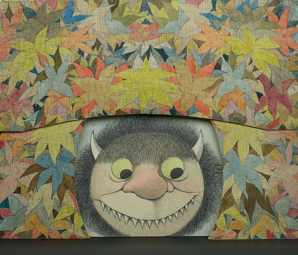 Maurice Sendak, Diorama of Moishe scrim and flower proscenium for the opera Where the Wild Things Are (1979–1983). ©The Maurice Sendak Foundation. Photo by Graham Haber, 2018, courtesy of the Morgan Library & Museum, bequest of Maurice Sendak, 2013.