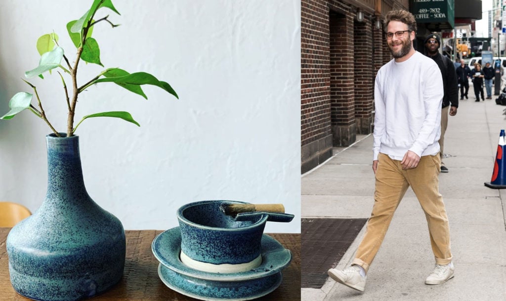 Left: Two recent ceramics made by actor Seth Rogen, posted on his personal Instagram account. Right: Rogen in New York last April. Photo: Gilbert Carrasquillo/GC Images.