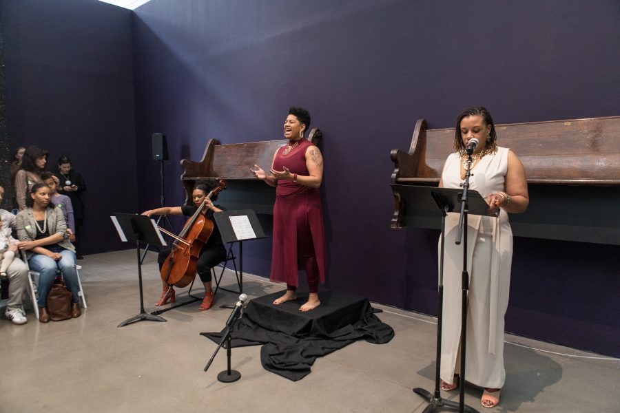 <em>At Council; Found Peace</em> collaborative performance as part of Queens Museum Jerome Foundation Emerging Artist Fellow Alexandria Smith’s "Monuments to an Effigy," featuring Liz Gré, Maurisa Mansaray, and Smith. Photo courtesy of the Queens Museum. 