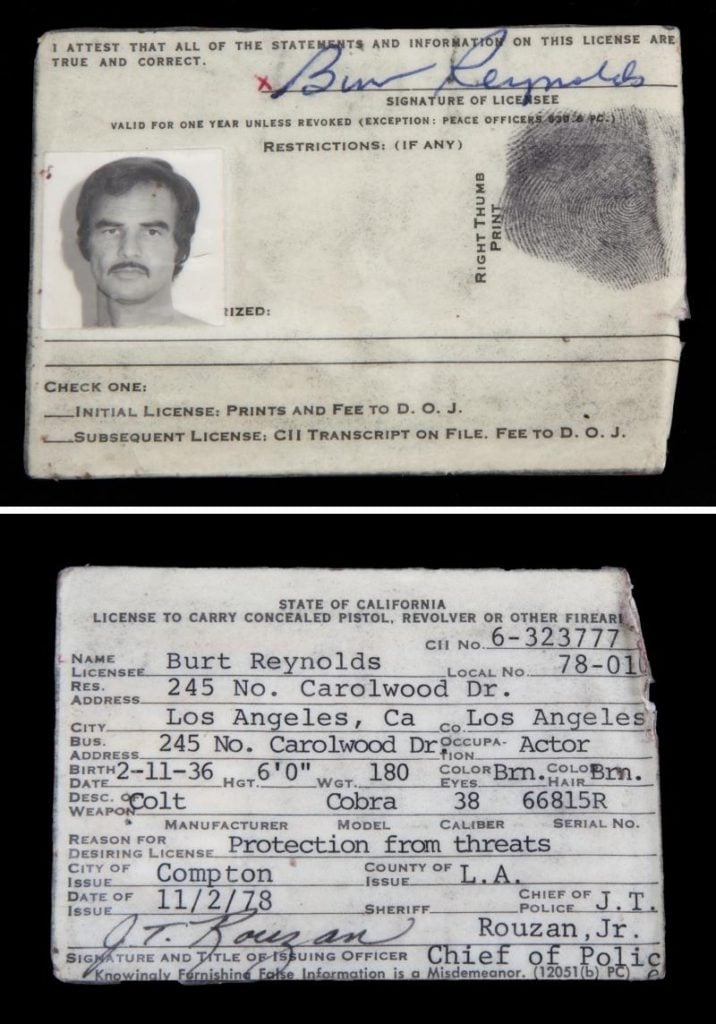 Burt Reynold's concealed firearm license. Courtesy of Julien's Auctions. 