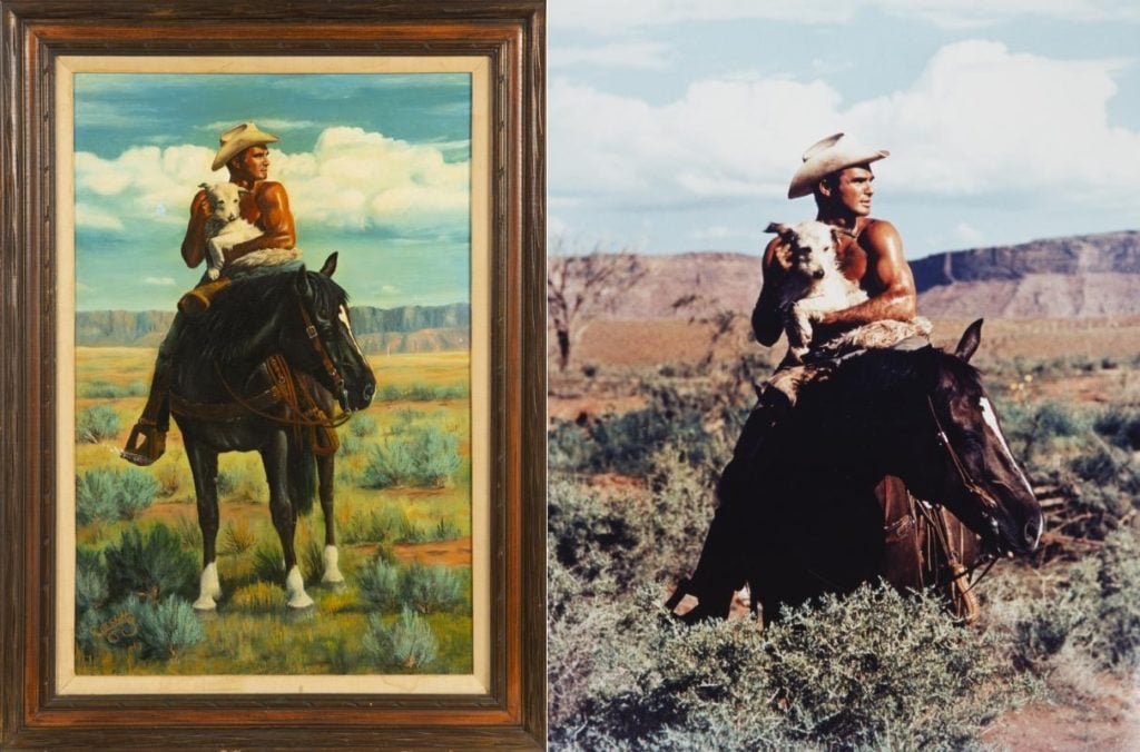 A painting of Burt Reynolds and the photo that inspired it. Courtesy of Julien's Auctions. 