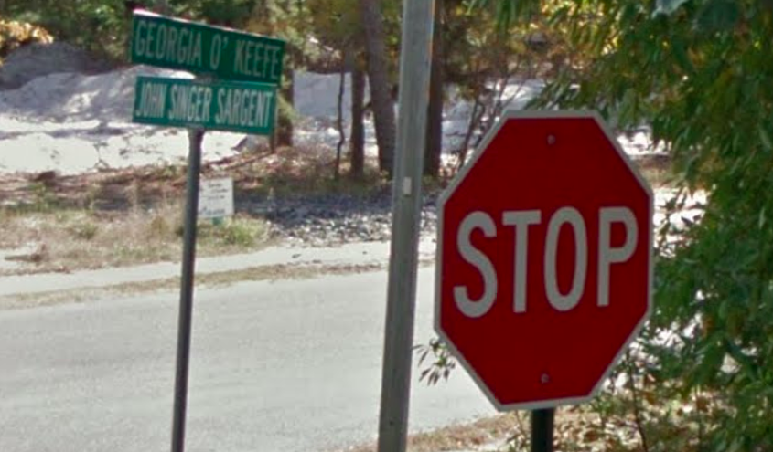 Street sign for "Georgia O'Keefe Way." Screenshot from Google Street View.