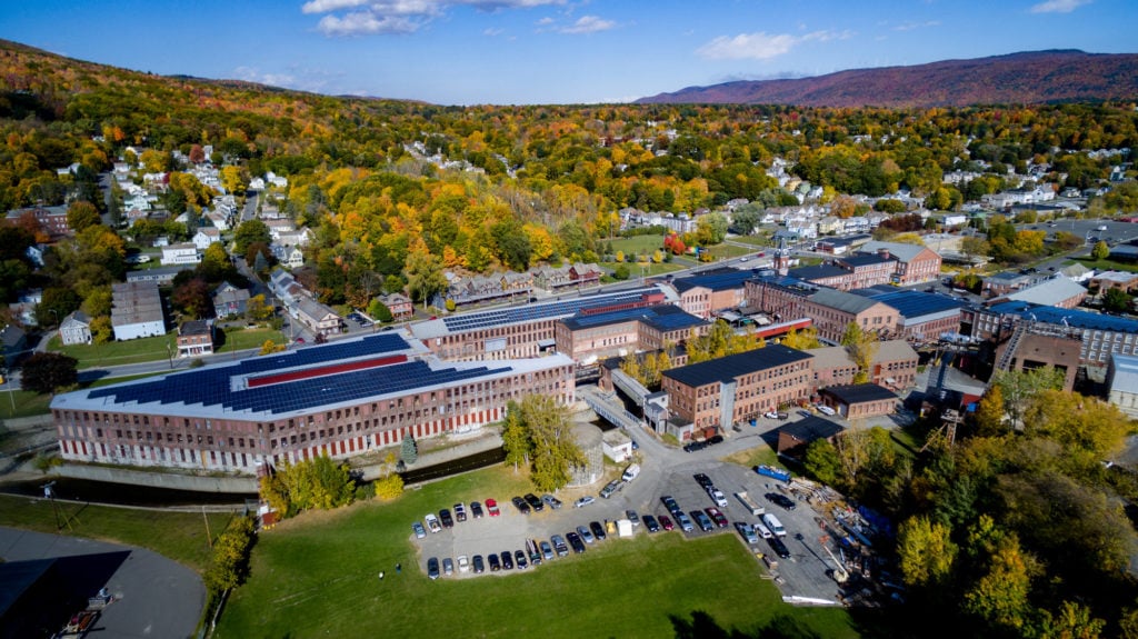 Aerial view of the Massachusetts Museum of Contemporary Art from drone. Photo courtesy of MASS MoCA.