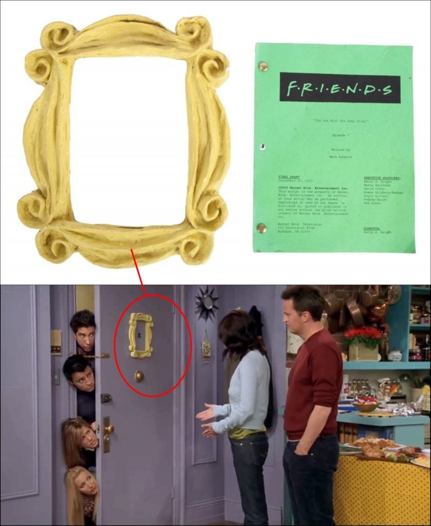 A replica of the gold frame from Monica’s apartment door in <em>FRIENDS</em>, plus a 2003 script from the show, from the collection of Burt Reynolds. Photo courtesy of Julien's Auctions. 