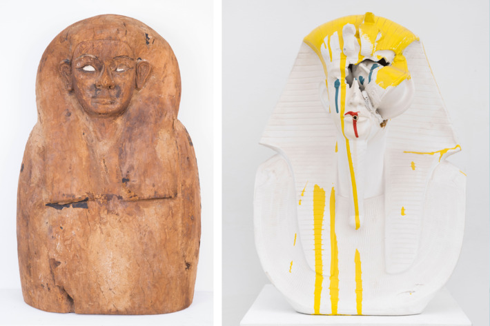(left) Unknown, Egyptian Wood Mummy Sarcophagus, anthropomorphic sarcophagus carved from acacia wood (700–300 BC); (right) The Bruce High Quality Foundation, Pharaoh Head ceramic, enamel, cigarette. Photo: Courtesy of ACA Galleries
