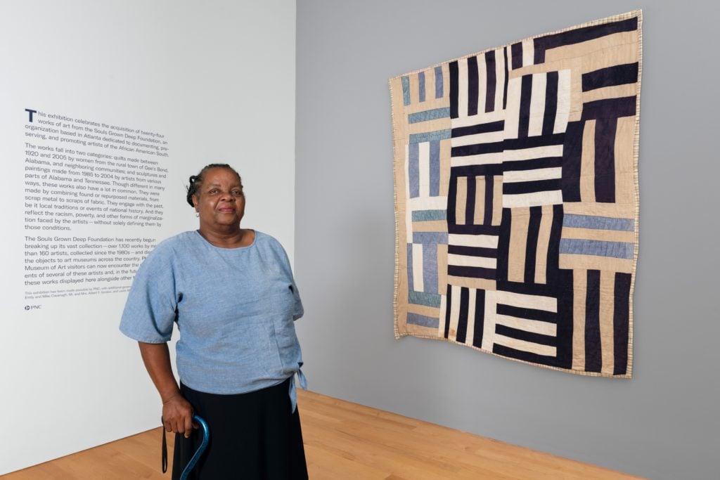 Souls Grown Deep Community Partnership Board Chair and third-generation Gee’s Bend quilter Mary Margaret Pettway in the exhibition Souls Grown Deep: Artists of the African American South at the Philadelphia Museum of Art. Photo courtesy of the Philadelphia Museum of Art. Photo by Juan Arce, 2019.