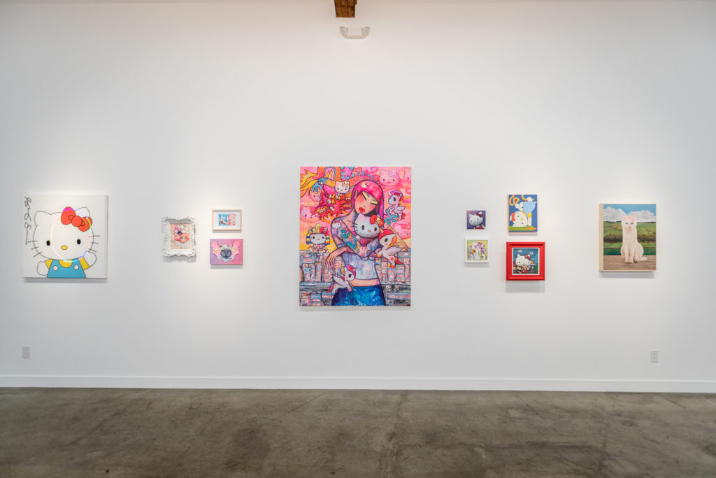 Installation view of the "Hello Kitty® 45th Anniversary Group Show." Courtesy of the artists and Corey Helford Gallery, Los Angeles. 