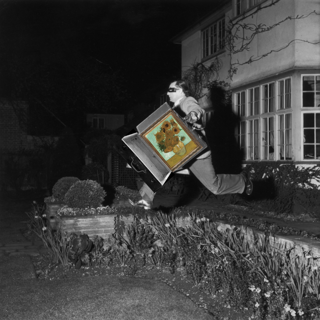 A blundering burglar tries to make off with a masterpiece! Photo by Bert Hardy/Picture Post/Getty Images. Illustration: artnet News.