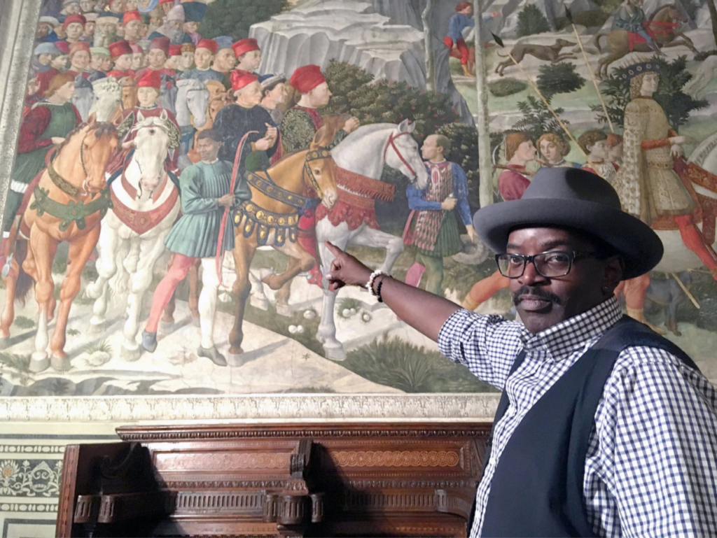 Fab 5 Freddy with the Gozzoli's Procession of the Magi. Courtest of BBC Studios / Eddie Knox.