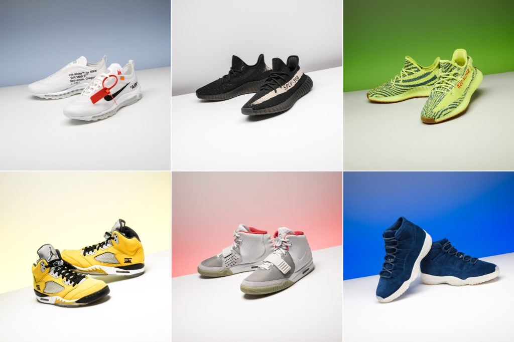 Clockwise: The 10 Nike Air Max 97 OG; Yeezy Boost 350 v2 Oreo; Yeezy Boost 350 v2 Frozen; Air Jordan 5 Tokyo 23; Air Yeezy2 NRG Pure Platinum; Air Jordan 11 Jeter. Courtesy of Sotheby's.