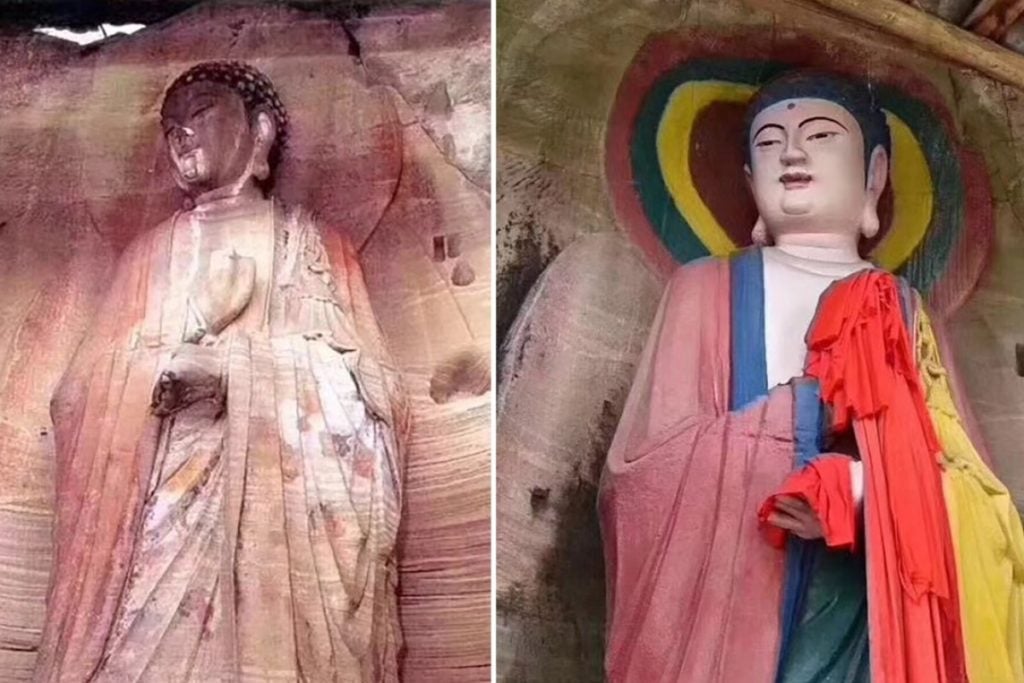 The Anyue Buddha before and after restoration. Photo by Xu Xin, via Weibo.