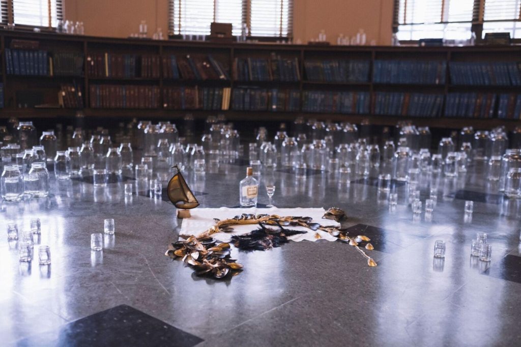 Bree Gant, Otherlogue 2019, Skillman Library. Glass jars, mussels, iron, resin, bees, cowries. Photo: Kashina Dowridge