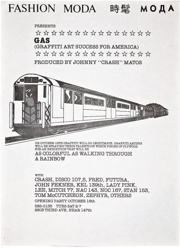 Flyer for “G.A.S. (Graffiti Art Success for America)” at Fashion Moda (1980).