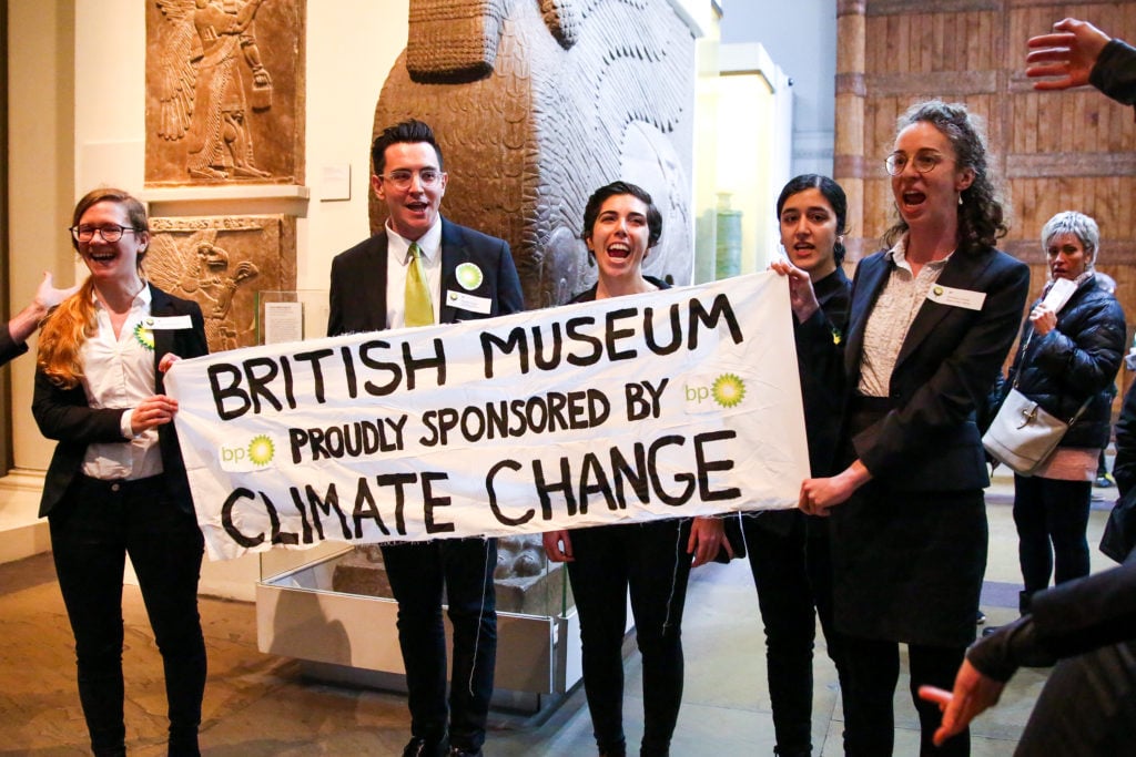 Activists protesting BP at the British Museum in London, February 2019. Photo: Dinendra Haria/SOPA Images/LightRocket via Getty Images.