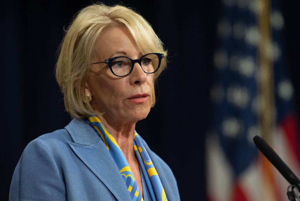 US Secretary of Education Betsy DeVos speaks during the Summit on Combating Anti-Semitism at the Department of Justice in Washington, DC, July 15, 2019. Photo: Saul Loeb/AFP/Getty Images.