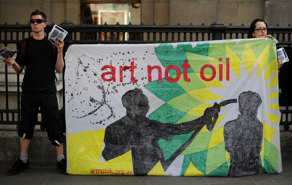 Anti BP protesters gather outside the BP portrait awards at the National Portrait Gallery in London on June 14, 2011. Photo: Ben Stansall/AFP/Getty Images.
