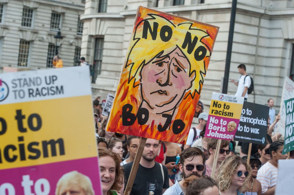 Protesters demonstrate against Boris Johnson's appointment as the UK's new Prime Minister. Photo by Guy Smallman/Getty Images.