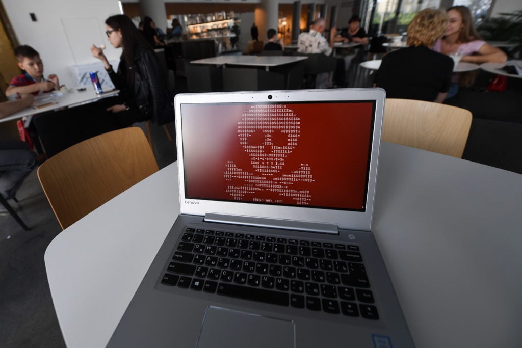 A computer hacked by a ransomware virus known as Petya, which hit Russian and Ukrainian companies on June 27, 2017. Photo by Donat Sorokin/TASS/Getty Images.