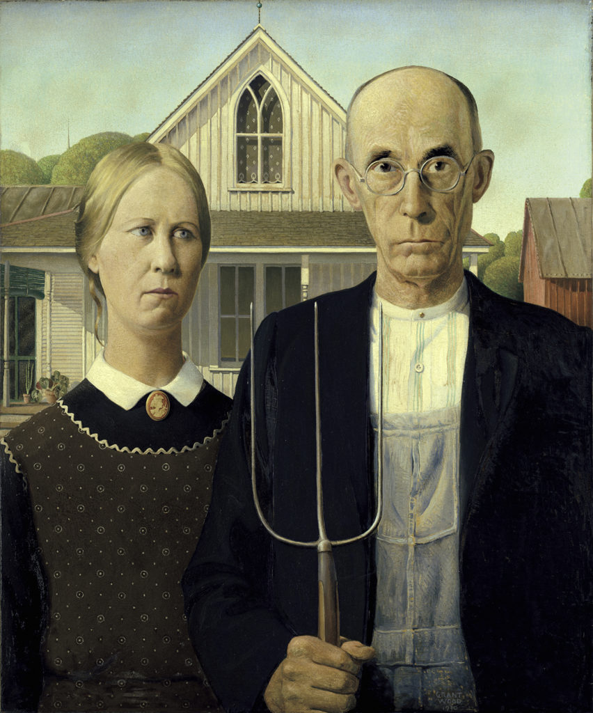 Grant Wood's <em>American Gothic,</em>, 1930. Courtesy of the Art Institute of Chicago. 