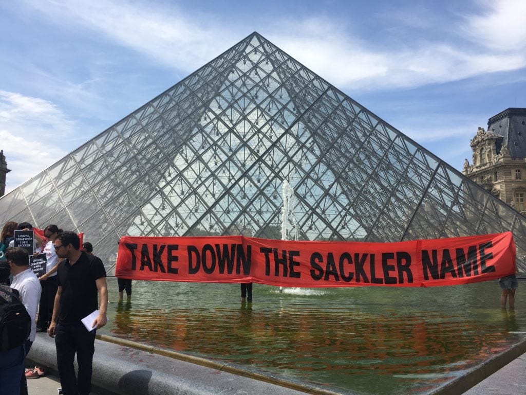 Protests against the Sackler wing at the Louvre. Photo courtesy Sackler P.A.I.N.