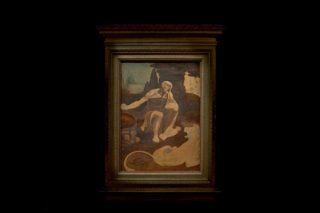 Leonardo da Vinci, <em>St Jerome</em> (begun circa 1482) installation view at the Metropolitan Museum of Art. ©Governatorate of the Vatican City State, Vatican Museums. Photo courtesy of the Metropolitan Museum of Art, New York.