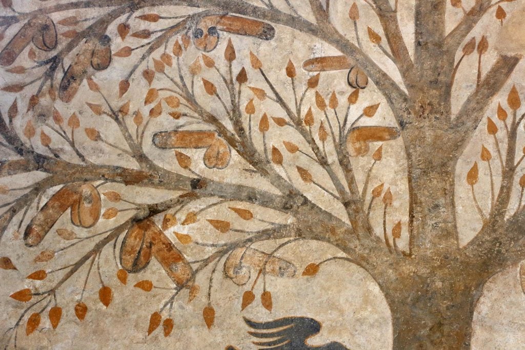 The Tree of Fertility fresco (ca. 1265) La Fonte dell'Abbondanza, Massa Marittima, an erotic painting of a tree with male genitalia hanging from its branches, that is said to have been destroyed by restorers.