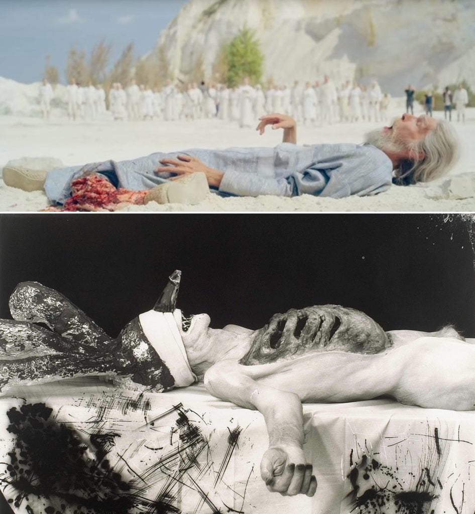 Top, still from Midsommar courtesy of A24 (2019) and Joel-Peter Witkin's Myself as a Dead Clown (2007). ©Joel-Peter Witkin.