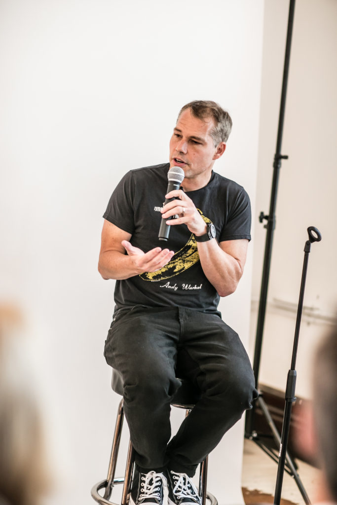 Shepard Fairey discussing his new Rosario Dawson mural at Great Bowery. Photo courtesy of Josh Wong Photography.