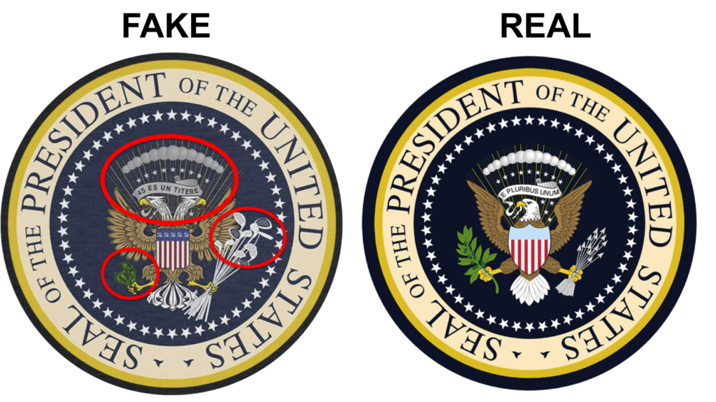 Left, the doctored presidential seal by Charles Leazott, alongside the legitimate design. 