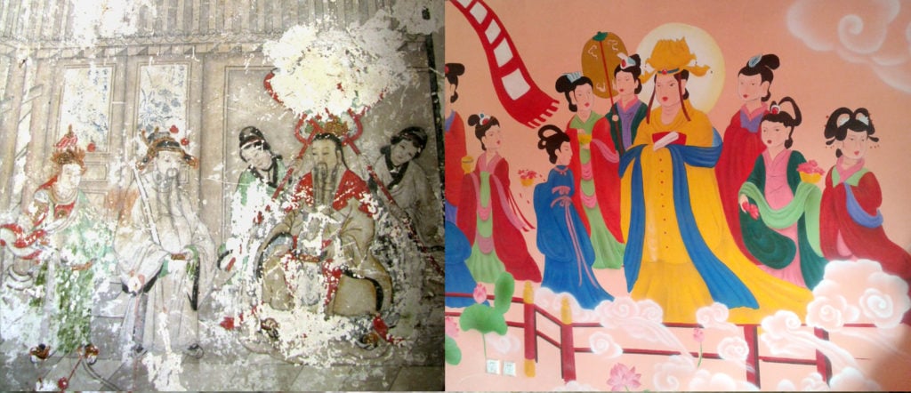 One of the ancient Buddhist frescos in Yunjie Temple in Chaoyang, northeast China, that has now been covered by cartoon-like paintings as part of a "restoration." Photo courtesy of STR/AFP/Getty Images.