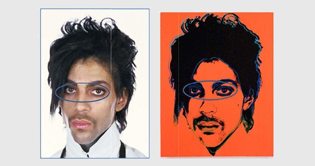 The original Lynn Goldsmith photograph and Andy Warhol's Prince portrait of the musician, as reproduced in court documents.