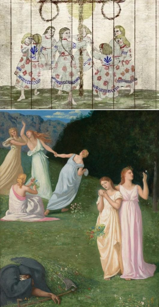 Still from Midsommar; Pierre Puvis de Chavannes, Death and the Maidens (1872). Courtesy of The Clark Art Museum.