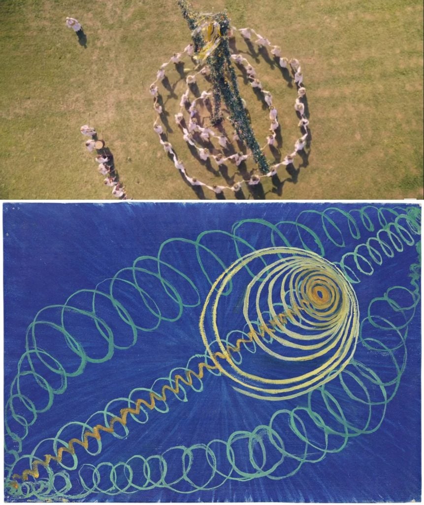 Top, an aerial shot from Midsommar; Hilma af Klint's Group 1, Primordial Chaos No.16(1906/7). Courtesy of the Guggenheim.