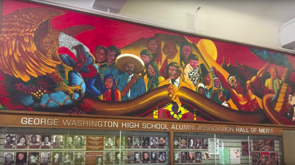 Detail of Dewey Crumpler's mural, Multi-Ethnic Heritage at George Washington High School. Screenshot from GWHS Alumni Assn SF CA on YouTube.