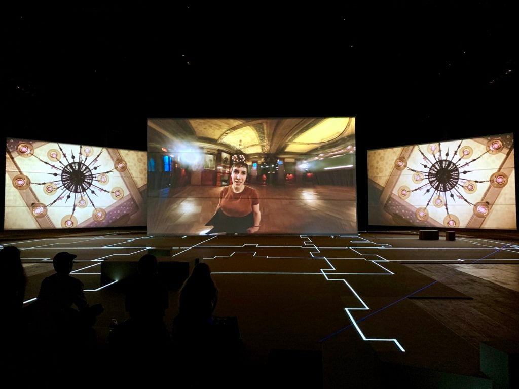 At center: Image of Anna Duensing, public historian, in Hito Steyerl, Drill (2019) at the Park Avenue Armory. Image: Ben Davis.