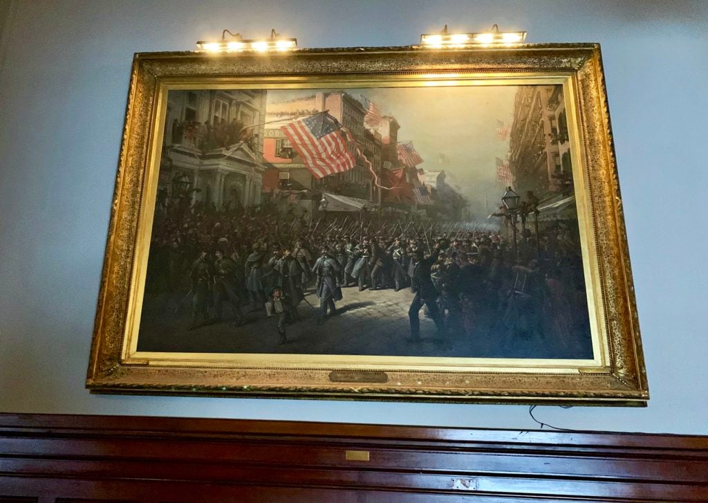 Thomas Nast, The Departure of the 7th Regiment to War (1961), spotlit as part of Hito Steyerl, Drill (2019) at the Park Avenue Armory. Image: Ben Davis.
