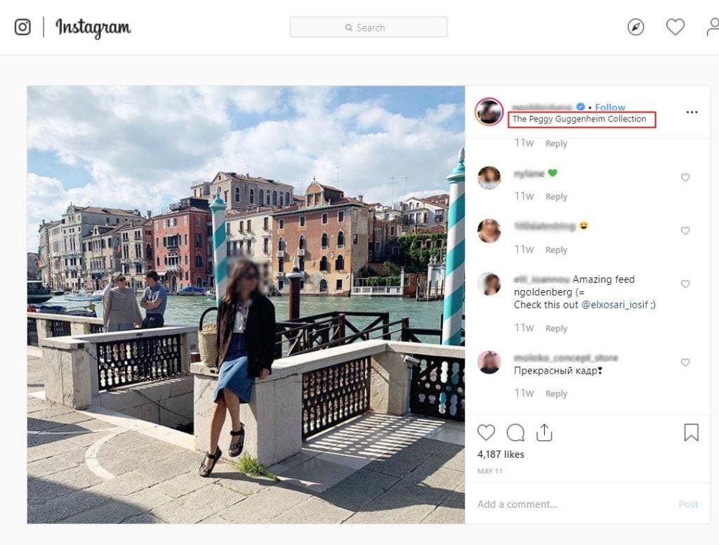 Screenshot of an Instagram post, geotagged with the Peggy Guggenheim Collection in Venice.