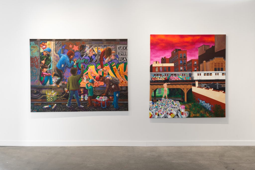Lady Pink, <em>TC5 Teamwork</em> (2018) and <em>Death of Graffiti 3</em> (2018) in "Beyond the Streets." Photo by Dan Bradica, courtesy of Beyond the Streets. 