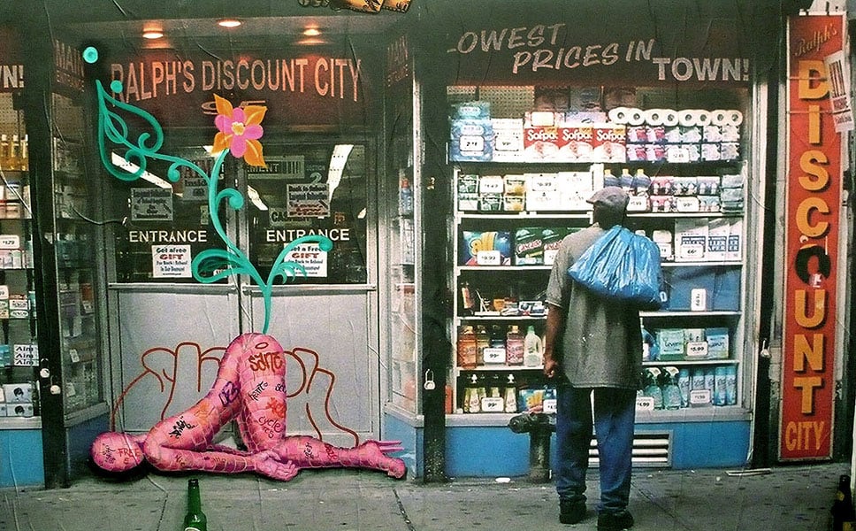 A work by Lady Pink done for "Mom & Popism," a 2009 Gawker Artists exhibition on the Gawker Media roof, based on the photos from James and Karla Murray's book <em> Store Front - The Disappearing Face of New York</em>. Photo by James and Karla Murray.