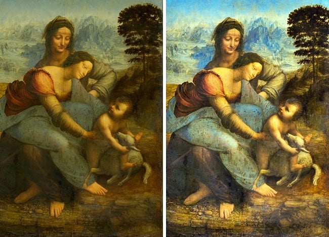 Leonardo da Vinci, <em>The Virgin and Child with St. Anne</em> (1503) before and after restoration. Photo courtesy of Louvre, Paris. 