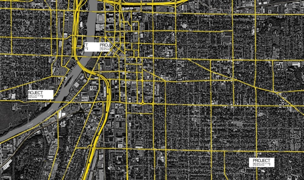 The three main locations for "Project 1: Crossing Lines" seen on a map of Grand Rapids, MI. 